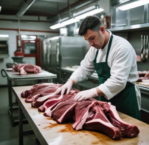 A butcher processing a deer, preparing fresh venison cuts in a clean facility.