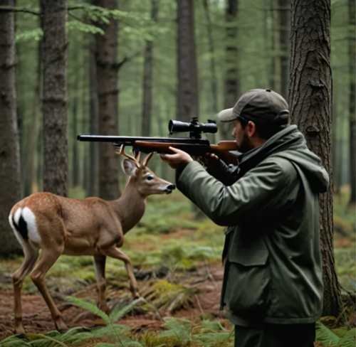 A hunter standing in a forest, aiming at a deer