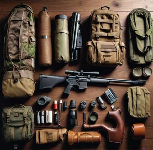 Essential deer hunting gear including a rifle, camo clothing, binoculars, boots, and a hunting knife